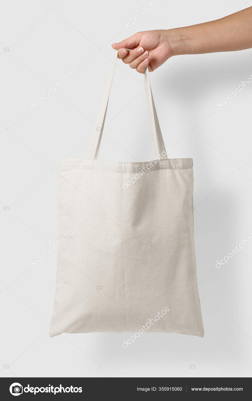 Mockup Female Hand Holding Blank Tote Canvas Bag Light Grey Stock