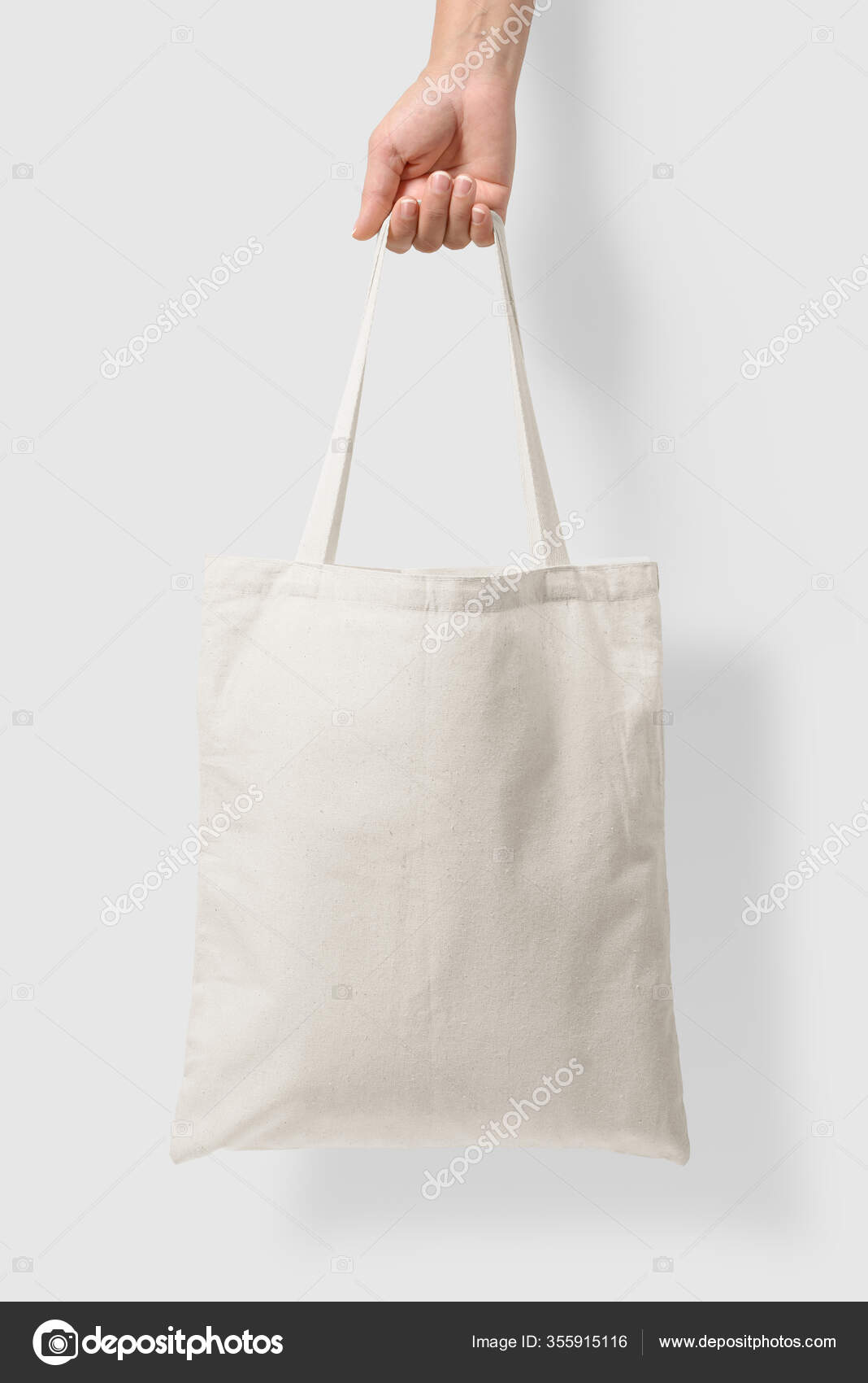 Mockup Female Hand Holding Blank Tote Canvas Bag Light Grey Stock