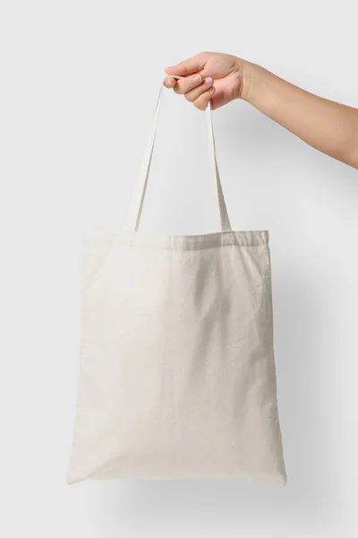 Mockup Female Hand Holding Blank Tote Canvas Bag Light Grey — Stock Photo, Image