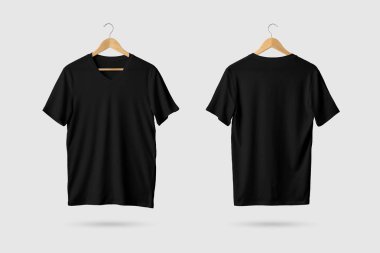 Black V-Neck Shirt Mock-up on wooden hanger, front and rear side view. 3D Rendering. clipart