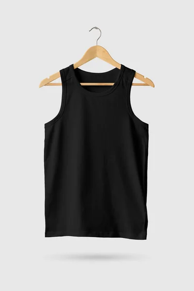 Black Tank Top Shirt Mock-up on wooden hanger, front side view. 3D Rendering.