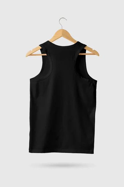 Black Tank Top Shirt Mock Houten Hanger Achteraanzicht Weergave — Stockfoto