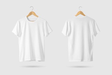 Blank White T-Shirt Mock-up on wooden hanger, front and rear side view. 3D Rendering. clipart
