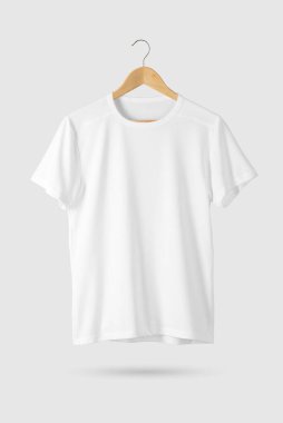 Blank White T-Shirt Mock-up on wooden hanger, front side view. 3D Rendering. clipart