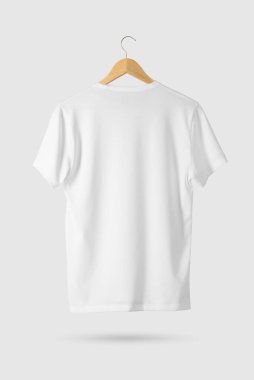 Blank White T-Shirt Mock-up on wooden hanger, rear side view. 3D Rendering. clipart