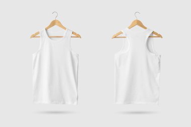 Beyaz Tank 'ın boş tişörtü ahşap askıda, ön ve arka tarafta. 3B Hazırlama.