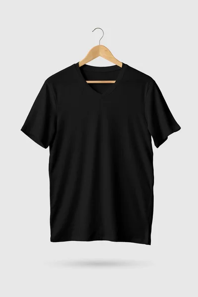 Black Neck Shirt Mock Wooden Hanger Front Side View Rendering — Stock Photo, Image