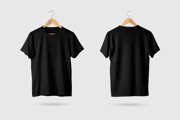 Shirt Noir Maquillé Sur Cintre Bois Vue Latérale Avant Arrière — Photo