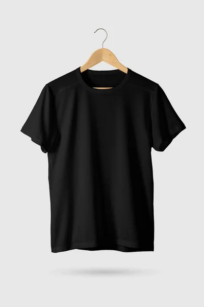 Camiseta Preta Mock Cabide Madeira Vista Frontal Lateral Renderização — Fotografia de Stock