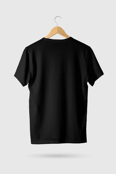Camiseta Preta Mock Cabide Madeira Vista Traseira Lateral Renderização — Fotografia de Stock