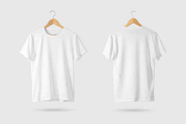 Blank White T-Shirt Mock-up on wooden hanger, front and rear side view. 3D Rendering.