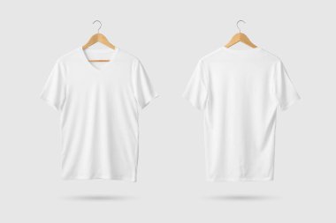 Tahta askıda beyaz V-Neck Model-up, ön ve arka manzara. 3B Hazırlama.