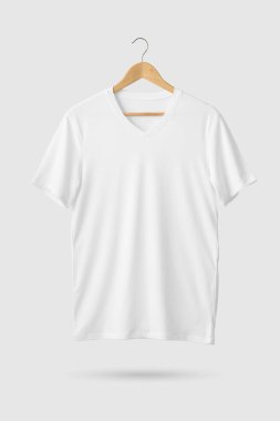 Blank White V-Neck Shirt Mock-up on wooden hanger, front side view. 3D Rendering. clipart