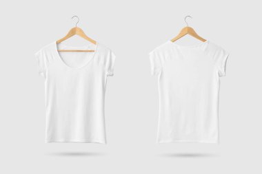 Blank White Women's T-Shirt Mock-up on wooden hanger, front and rear side view. 3D Rendering. clipart