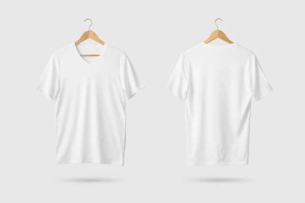 Blank White Neck Shirt Mock Wooden Hanger Front Rear Side — Stock Photo, Image