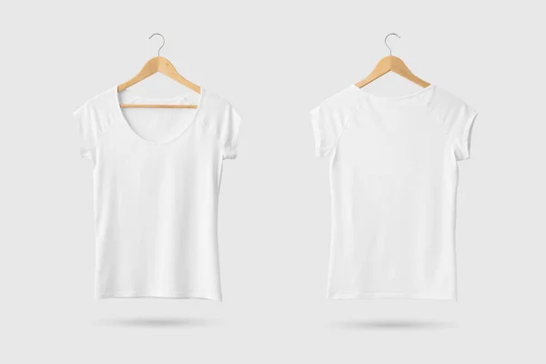 Blank White Women Shirt Mock Wooden Hanger Front Rear Side — Stock Photo, Image