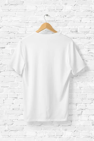 Blank White V-Neck Shirt Mock-up on wooden hanger, rear side view. 3D Rendering.