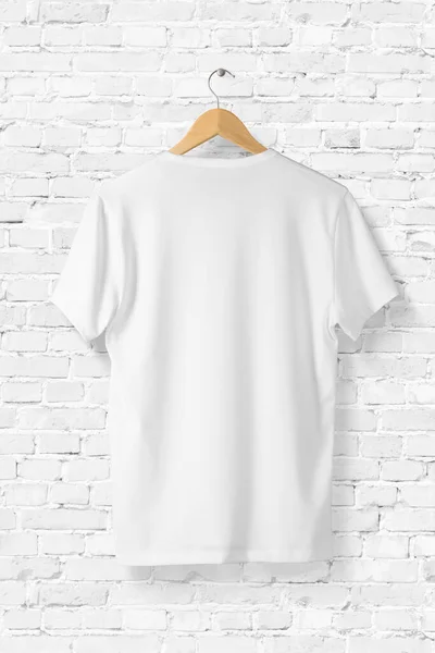 Blank White Shirt Mock Cabide Madeira Vista Traseira Lateral Renderização — Fotografia de Stock