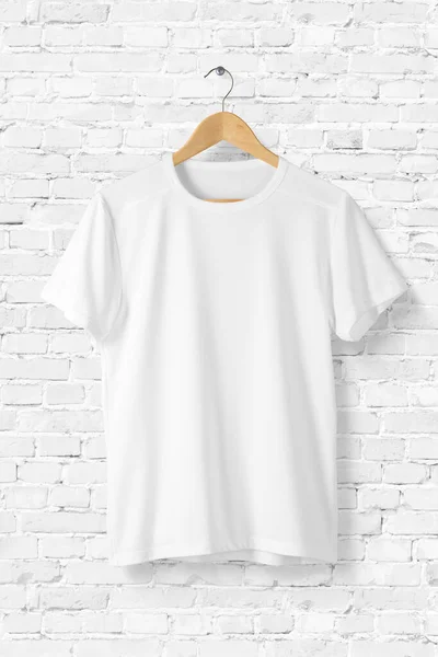 Blank White T-Shirt Mock-up on wooden hanger, front side view. 3D Rendering.