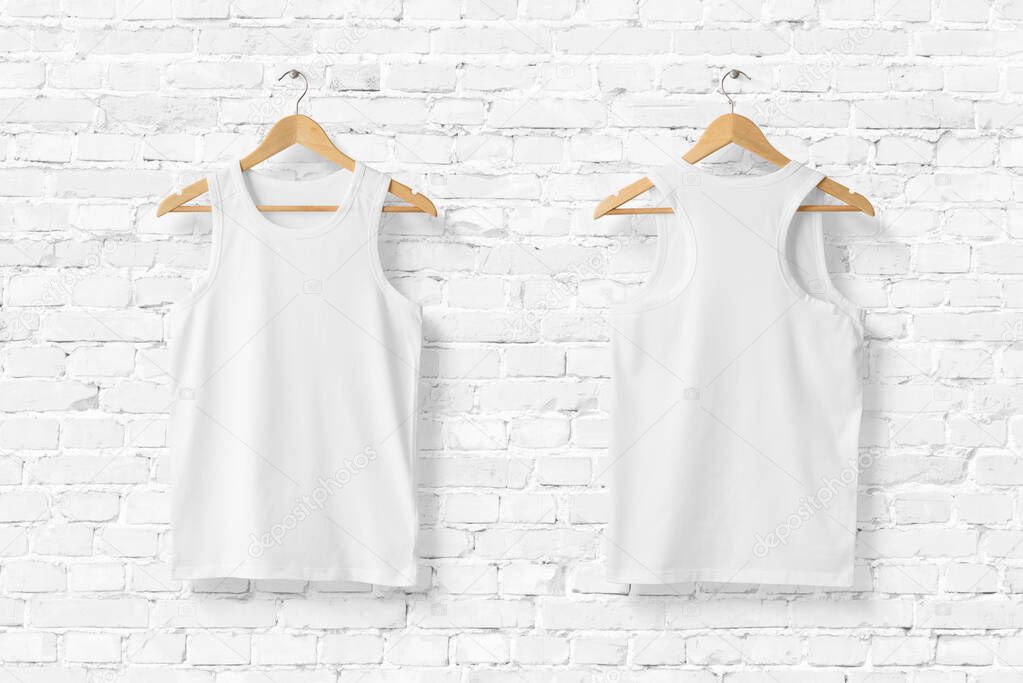Blank White Tank Top Shirt Mock-up on wooden hanger, front and rear side view. 3D Rendering. 