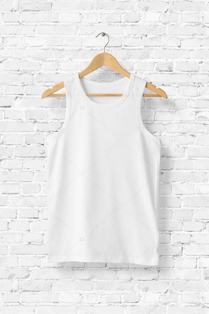 Blank White Tank Top Shirt Mock-up on wooden hanger, front side view. 3D Rendering. 