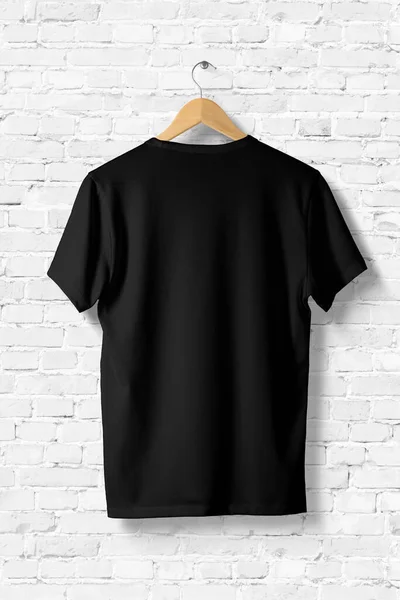 Download Black T Shirt Mock Up On Wooden Hanger Rear Side View 3d Rendering Stock Images Page Everypixel