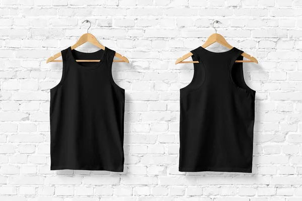 Black Tank Top Shirt Mock-up on wooden hanger, front and rear side view. 3D Rendering.