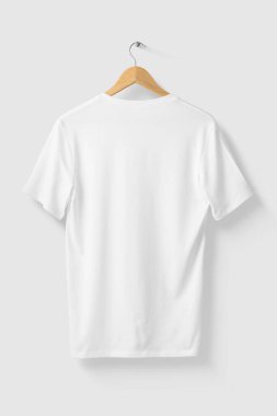 Blank White V-Neck Shirt Mock-up on wooden hanger, rear side view. High resolution. clipart