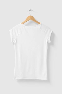 Blank White Women's T-Shirt Mock-up on wooden hanger, rear side view. High resolution. clipart
