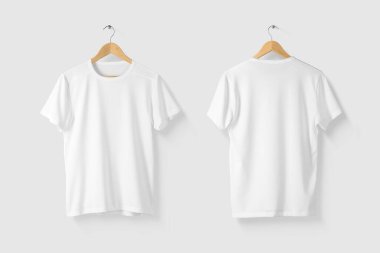 Blank White T-Shirt Mock-up on wooden hanger, front and rear side view. High resolution. clipart