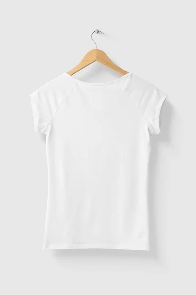 Blank White Womens Shirt Mock Wood Hanger Back Side View — 스톡 사진