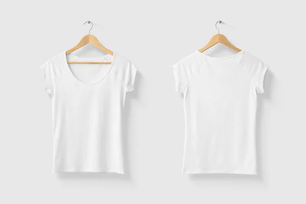 Shirt Blank Branco Feminino Mock Cabide Madeira Vista Frontal Traseira — Fotografia de Stock