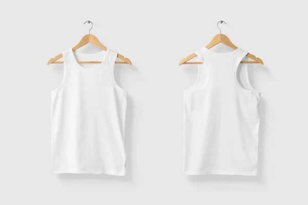 Blank White Tank Top Shirt Mock Wood Hanger Front Back — 스톡 사진