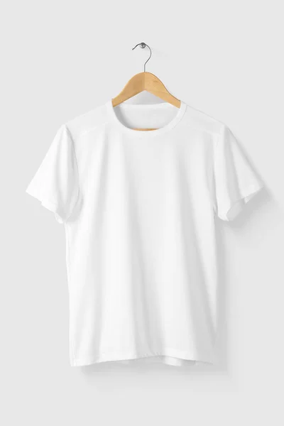 Blank White T-Shirt Mock-up on wooden hanger, front side view. High resolution.