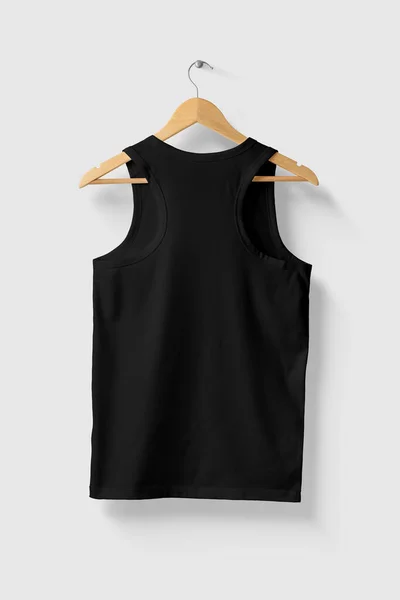 Black Tank Top Shirt Mock Houten Hanger Achteraanzicht Hoge Resolutie — Stockfoto