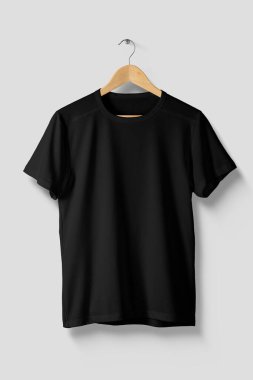 Black T-Shirt Mock-up on wooden hanger, front side view. High resolution. clipart