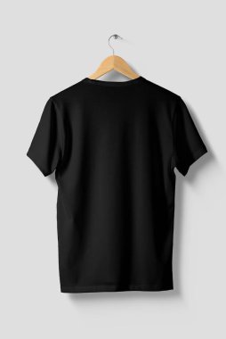 Black T-Shirt Mock-up on wooden hanger, rear side view. High resolution. clipart
