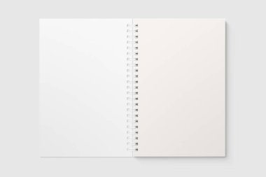 Gerçek fotoğraf, boş spiral kaplı not defteri şablonu, açık gri arka planda izole edilmiş. Yüksek çözünürlük.