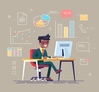 Siyah adam arka plan üzerinde Office simgeleri ile çalışma