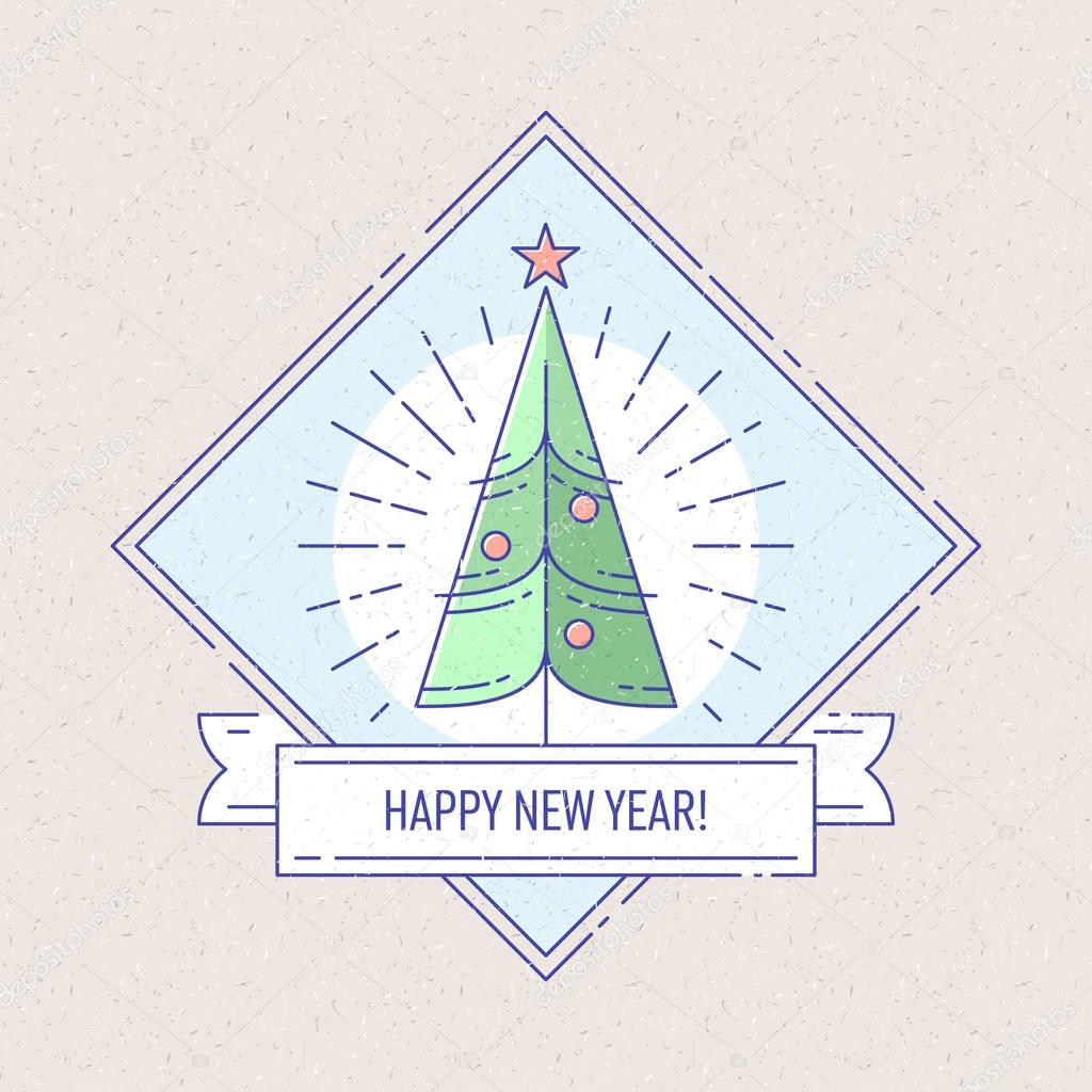 Vintage badge or labels with Christmas tree for greetings cards, gift tags, Christmas sale or web design. Thin lines. Template for card or invitation. Vector.