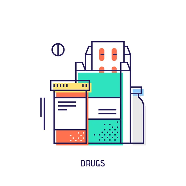 Drogas y pastillas. Icono de línea delgada vector de diabetes . — Vector de stock