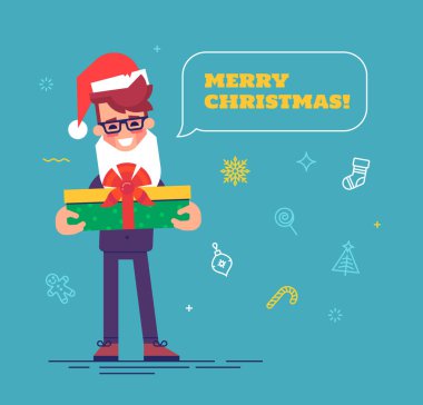 Santa şapka hediye vererek sakallı işadamı.