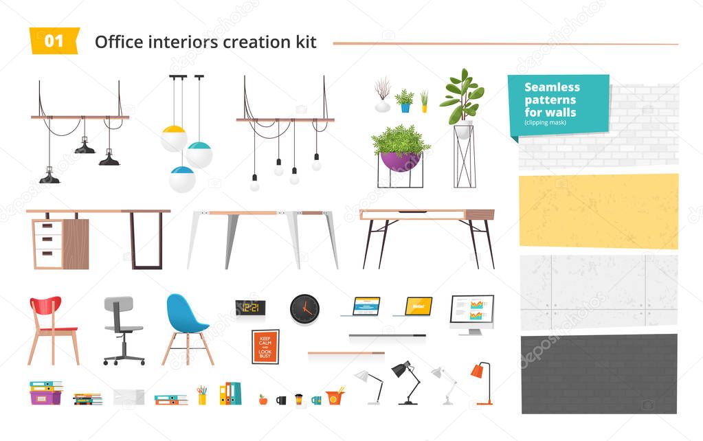 Office interiors creation kit. Vector.