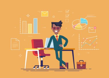 Siyah adam ayakta yaslanmış bir tabloda. Vektör.