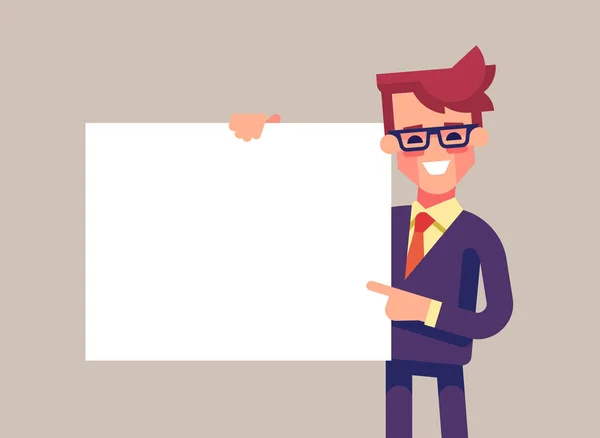 Man holding blank sheet and pointing finger to it. — Stock Vector