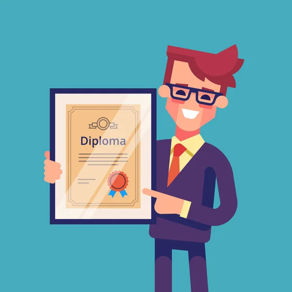 Hombre con diploma en sus manos. Vector . — Vector de stock