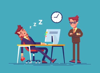 Öfkeli patron ve ofiste uykuya düşen işçi.