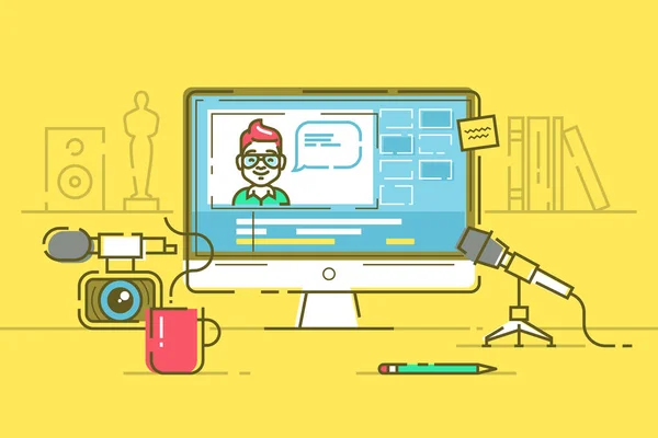 Workplace of blogger or video editor. Vector. — Stock Vector