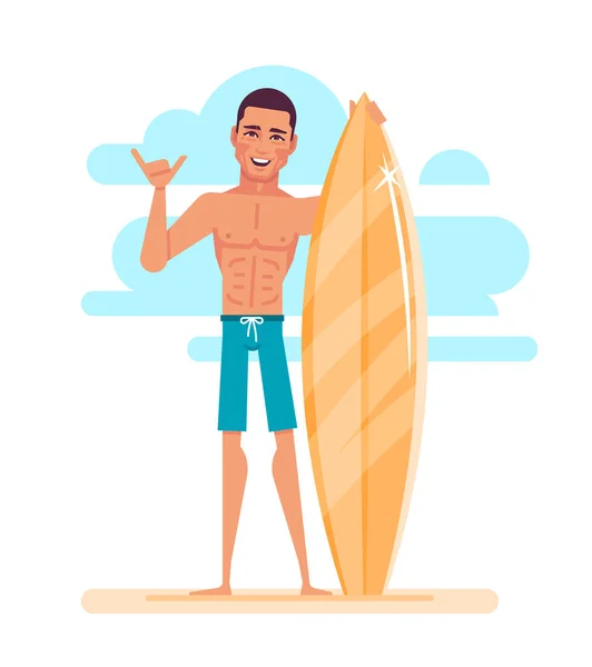 Atractivo joven surfista está sosteniendo tabla de surf . — Archivo Imágenes Vectoriales