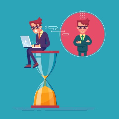 Paniğe kapılmış bir işçi bir kum saati laptop ve onun proje bitirmek için acele ile oturuyor. Deadline.Time azalıyor. İş kavramı zaman yönetimi ve erteleme. Vektör çizim.